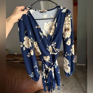 Women's Surplice Neck Lantern Sleeve Self-Belted Floral Dress